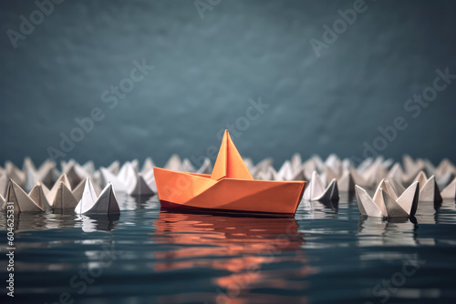 Conceptual leadership or success still life with origami boat, Created with Generative AI technology.