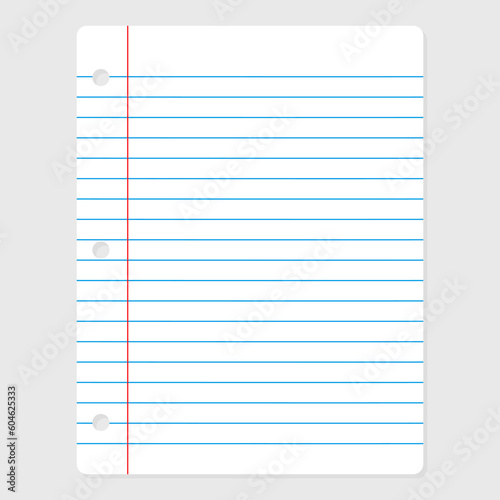 Notebook paper punch holes with blue line , red front line and shadow on gray background. Vector illustration template for education. photo