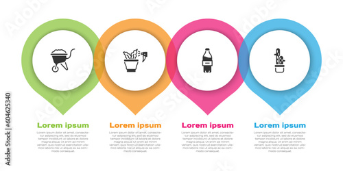 Set Wheelbarrow with dirt, Spraying plant, Bottle of water and Cactus peyote pot. Business infographic template. Vector
