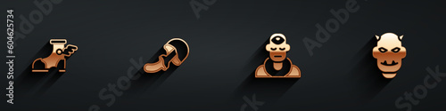 Set Hermes sandal, Psilocybin mushroom, Wizard warlock and Mask of the devil with horns icon with long shadow. Vector