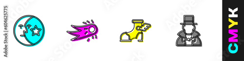 Set Moon and stars, Fireball, Hermes sandal and Magician icon. Vector