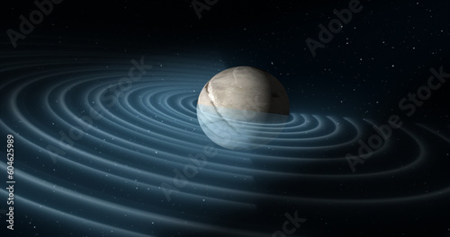 Fototapeta Naklejka Na Ścianę i Meble -  Abstract blue space planet with a round asteroid belt ring  futuristic hi-tech on the background of stars in open space
