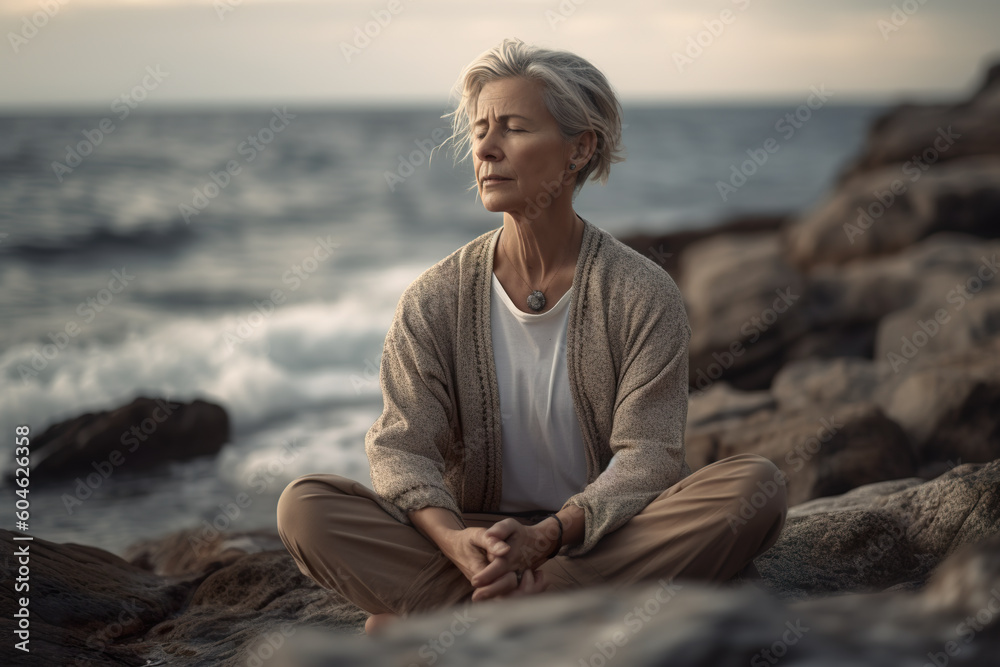 A woman sitting on a rock by the ocean. Generative AI. Mature woman meditating.