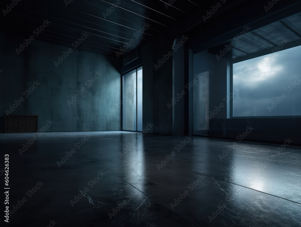 Empty dark room with concrete floor and black wall Created with Generative AI technology