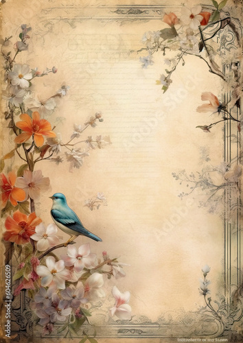 blank page with framed area, ancient paper, flowers. Rustic background. Ai generative