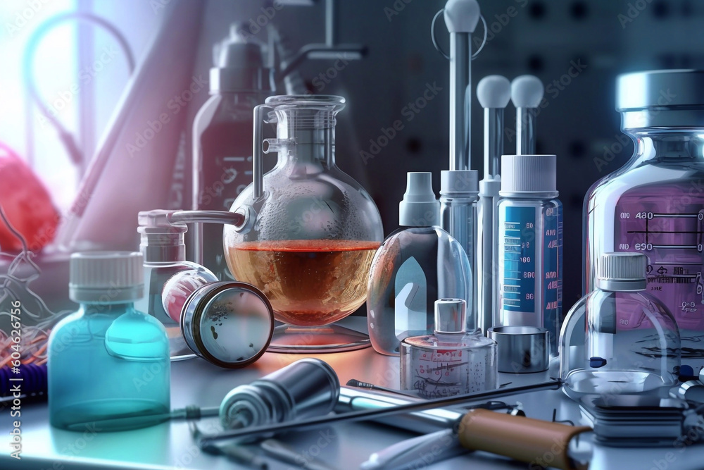 Bottles with drugs from new medical, chemical Chemistry and pharmacy history concept background generative ai