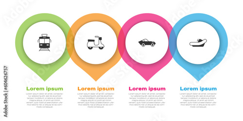 Set Tram and railway, Scooter, Car and Rafting boat. Business infographic template. Vector