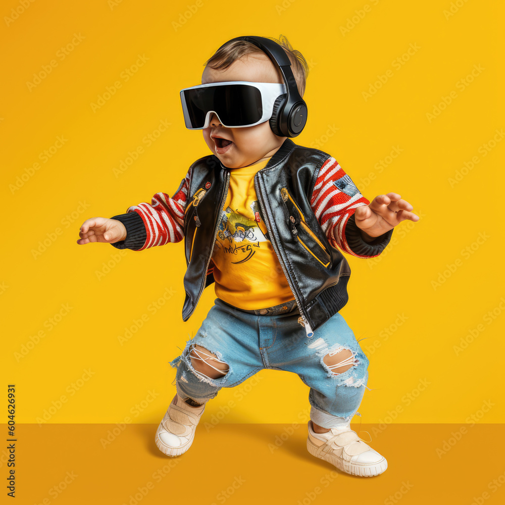 Baby wearing VR goggles and headphones dancing in front of a yellow background by generative AI Baby wearing VR goggles and headphones dancing in front of a yellow background by generative AI