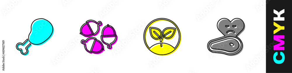 Set Chicken leg, Acorn, Sprout and Steak meat icon. Vector Set Chicken leg, Acorn, Sprout and Steak meat icon. Vector