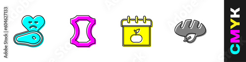 Set Steak meat, Leather, World Vegetarian day and Vegan bread loaf icon. Vector
