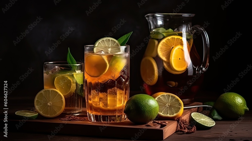 cold tea with lemon and ice in a glass on a dark background. cold tea with lemon and ice in a glass on a dark background.