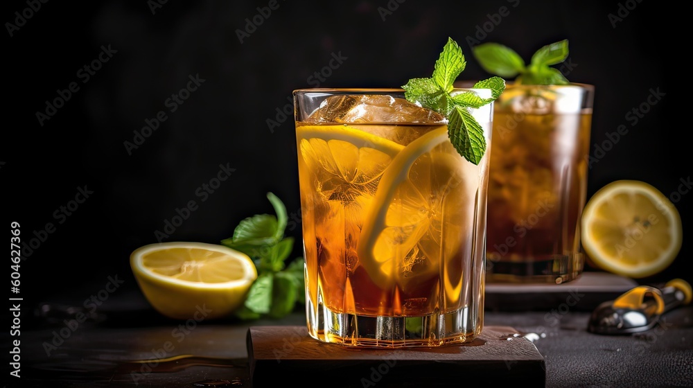 Glasses of ice tea with lemon slices on wooden background. Glasses of ice tea with lemon slices on wooden background.