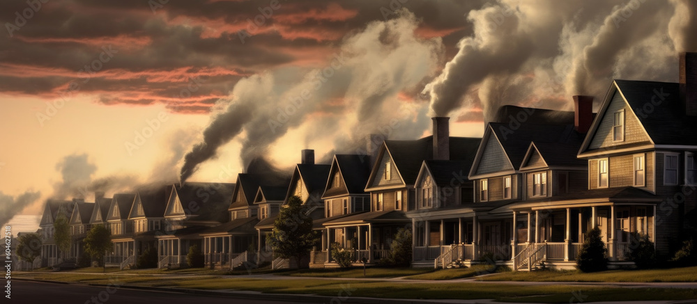 Climate Change or Net Zero concept: Each household's indirect emissions shown as chimney smoke. Generative AI