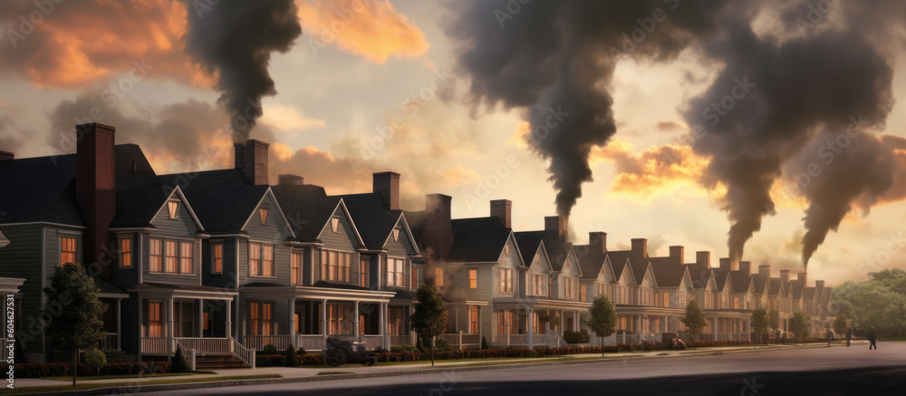 Climate Change or Net Zero concept: Each household's indirect emissions shown as chimney smoke. Climate emergency. Environmentalism. Sustainability. Unsustainable. Think local, act global. Climate Change or Net Zero concept: Each household's indirect emissions shown as chimney smoke. Climate emergency. Environmentalism. Sustainability. Unsustainable. Think local, act global.