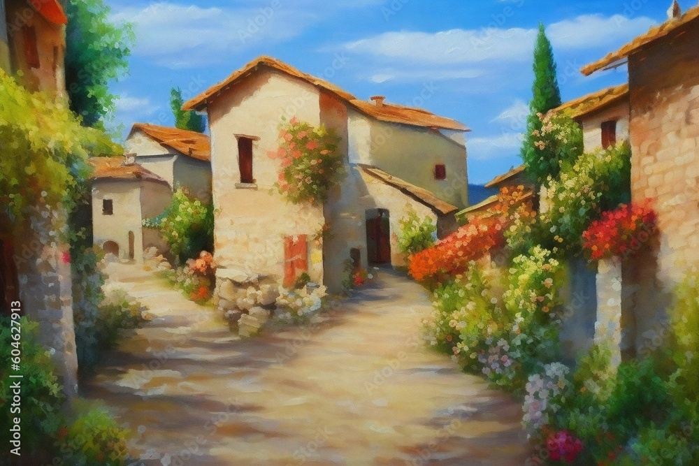 beautiful painting of a small village in italy in summer, landscape, genrative ai