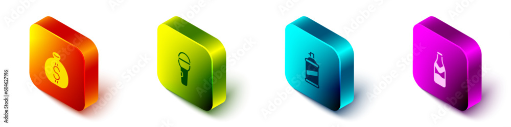 Set Isometric Money bag, Microphone, Paint spray can and Beer bottle icon. Vector Set Isometric Money bag, Microphone, Paint spray can and Beer bottle icon. Vector