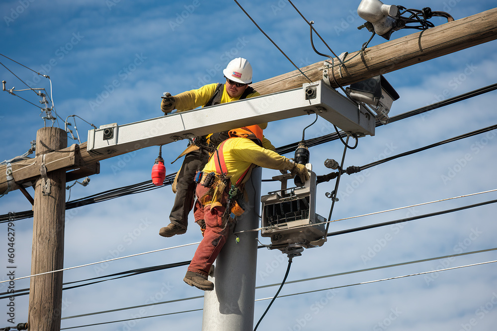 A man is working on a power pole. Generative AI. Power line workers.