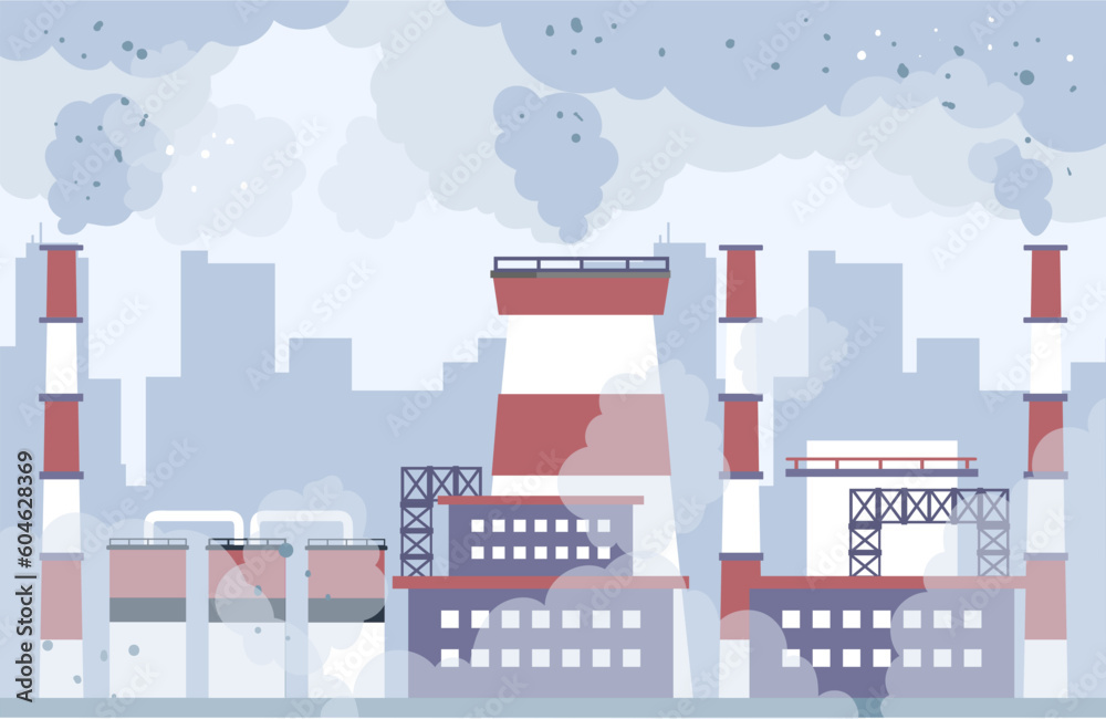 Pollution air city smog industry fuel carbon factory concept. Vector graphic design element illustration