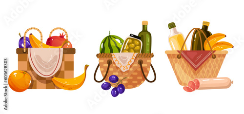 Picnic basket food isolated set. Vector graphic design illustration