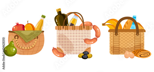 Picnic basket food isolated set. Vector graphic design illustration