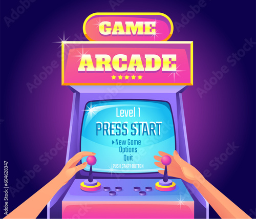 Game arcade retro machine video screen interface concept. Vector graphic design element illustration