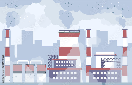 Pollution air city smog industry fuel carbon factory concept. Vector graphic design element illustration