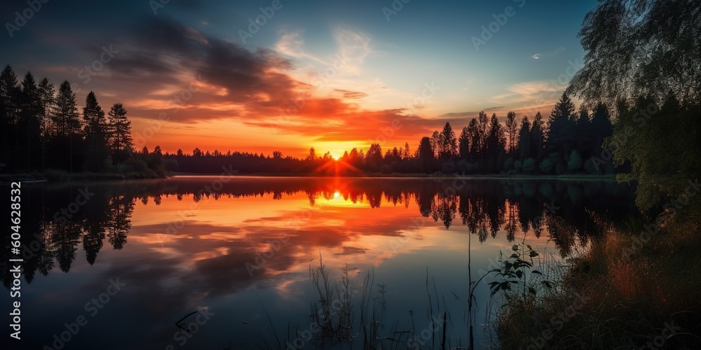 A vibrant sunset reflecting over a serene lake, surrounded by trees, concept of Nature's splendor, created with Generative AI technology