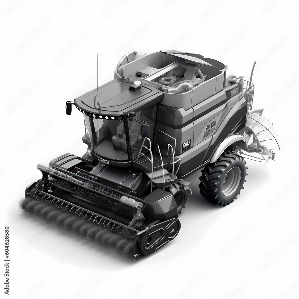 Fototapeta premium Black agricultural combine harvester, 3d render, on white background, AI generated