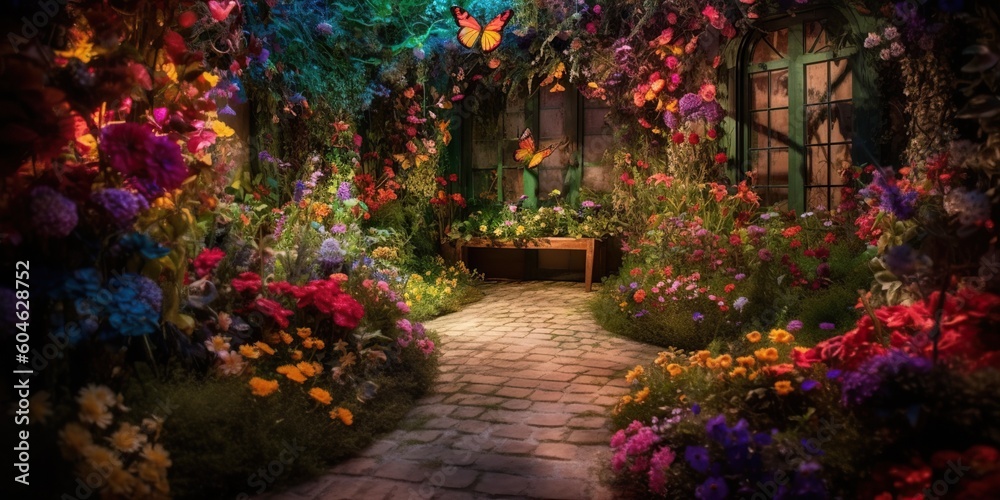 A magical garden filled with flowers that bloom into butterflies, showcasing the enchanting beauty of transformation, concept of Metamorphosis, created with Generative AI technology