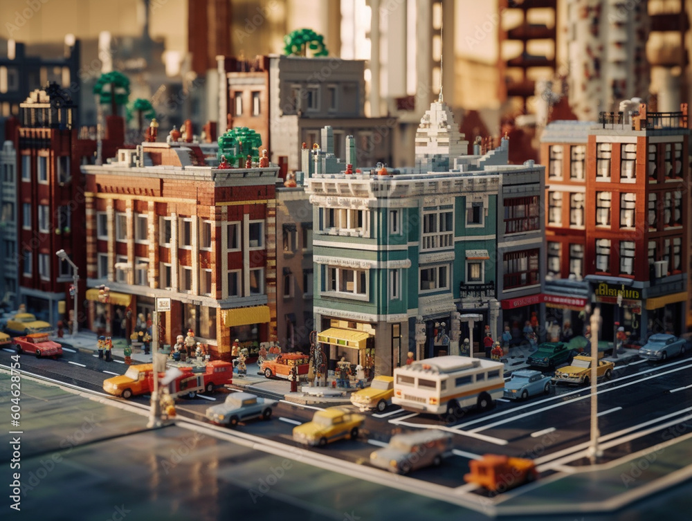The atmosphere of a miniature city with several storey buildings facing the main road was built using small plastic blocks. The road is partially busy with people and vehicles.