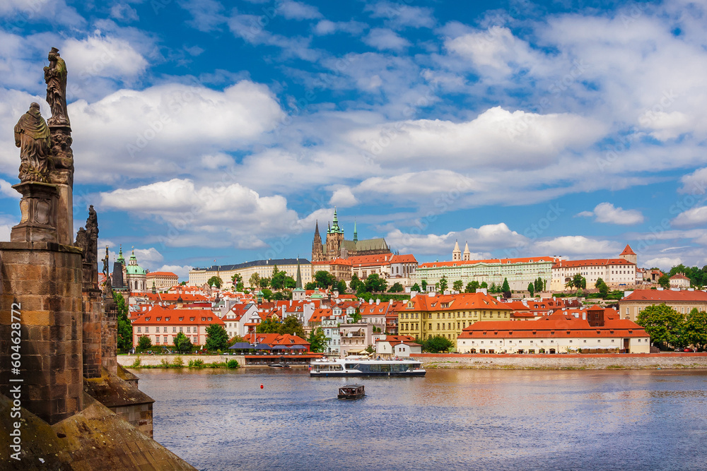 Fototapeta premium Beautiful view of Prague historical center with River Vltava, Charles Bridge and St Vitus Cathedral