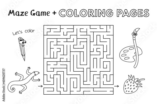 Cartoon lizard maze game. Vector coloring book pages for children