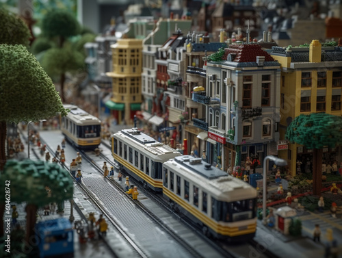 The atmosphere of a miniature city with several storey buildings facing the main road was built using small plastic blocks. The road is partially busy with people and vehicles. © Aisyaqilumar