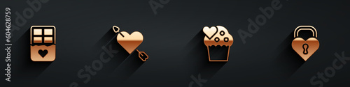 Set Chocolate bar, Amour with heart and arrow, Wedding cake and Castle the shape of icon with long shadow. Vector