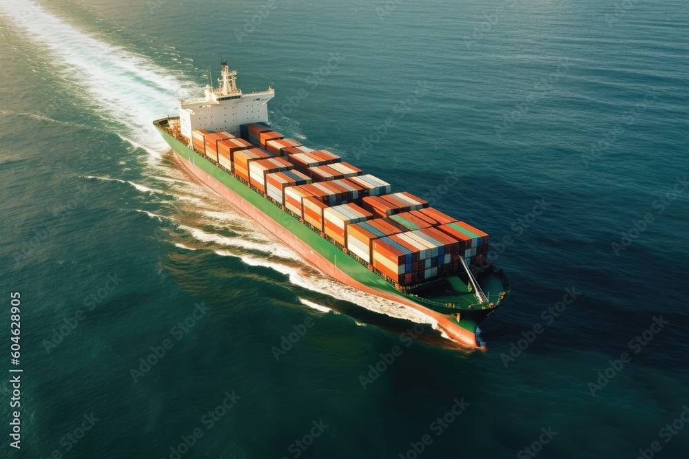 Aerial view of a cargo container ship sailing across a calm ocean toward the next commercial port while loaded with cargo. Generative AI