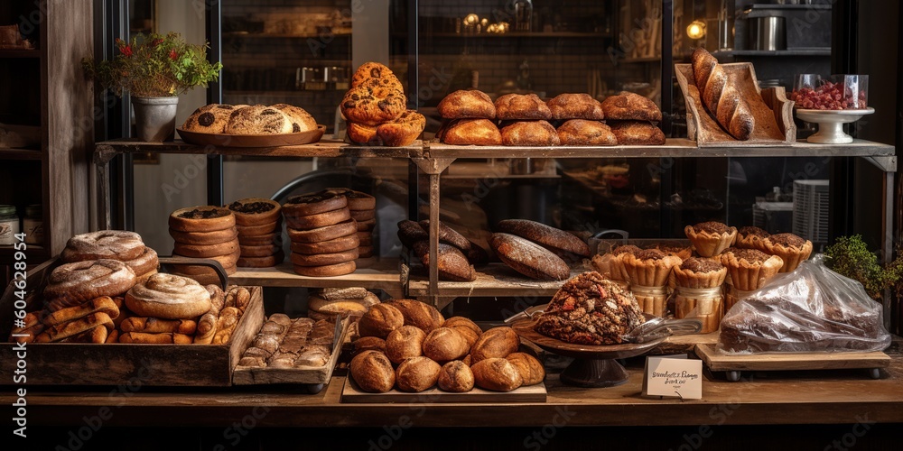 A rustic, artisanal bakery display, featuring freshly baked bread and pastries, celebrating the craft of baking, concept of Craftsmanship, created with Generative AI technology