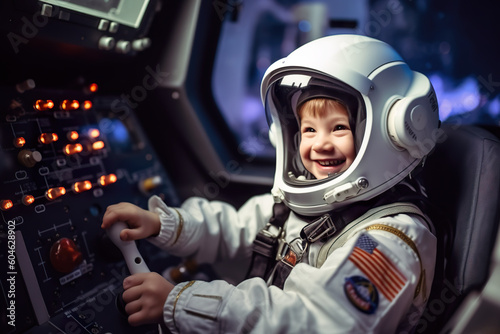 A little boy in a space suit sitting in the cockpit of a space ship. Generative AI.