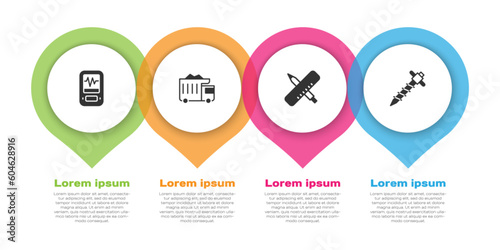 Set Seismograph, Mining dump truck, Crossed ruler and pencil and Construction jackhammer. Business infographic template. Vector