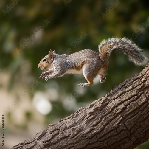 grey squirrel jumping on a branch in front of leaves, created with generative ai tools