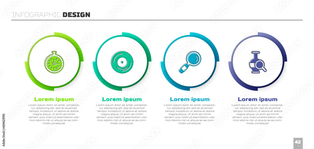 Set Pocket watch, Vinyl disk, Magnifying glass and Ancient amphorae. Business infographic template. Vector Set Pocket watch, Vinyl disk, Magnifying glass and Ancient amphorae. Business infographic template. Vector
