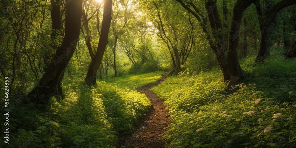 Obraz premium A winding path through a lush, green forest with sunlight filtering through the leaves, concept of Natural serenity, created with Generative AI technology
