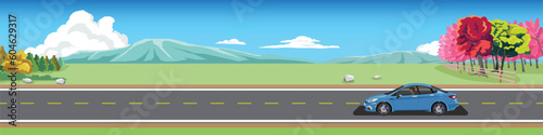 Cartoon transport travel for banner. Sport car with driving for travel. Asphalt road near the green grass and spring trees. Mountain and blue sky with white clouds. Copy Space Flat Vector.
