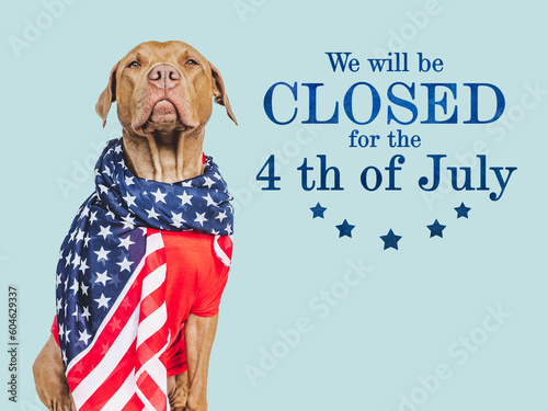 Signboard with the inscription We will be closed for the 4th of July. Cute brown puppy. Closeup, indoors. Studio shot. Congratulations for family, loved ones, friends and colleagues. Pet care concept