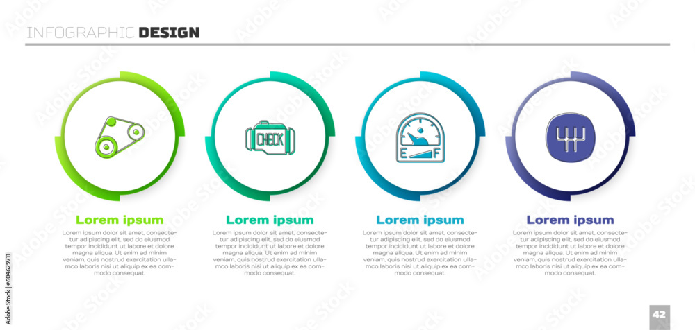Set Timing belt kit, Check engine, Motor gas gauge and Gear shifter. Business infographic template. Vector Set Timing belt kit, Check engine, Motor gas gauge and Gear shifter. Business infographic template. Vector