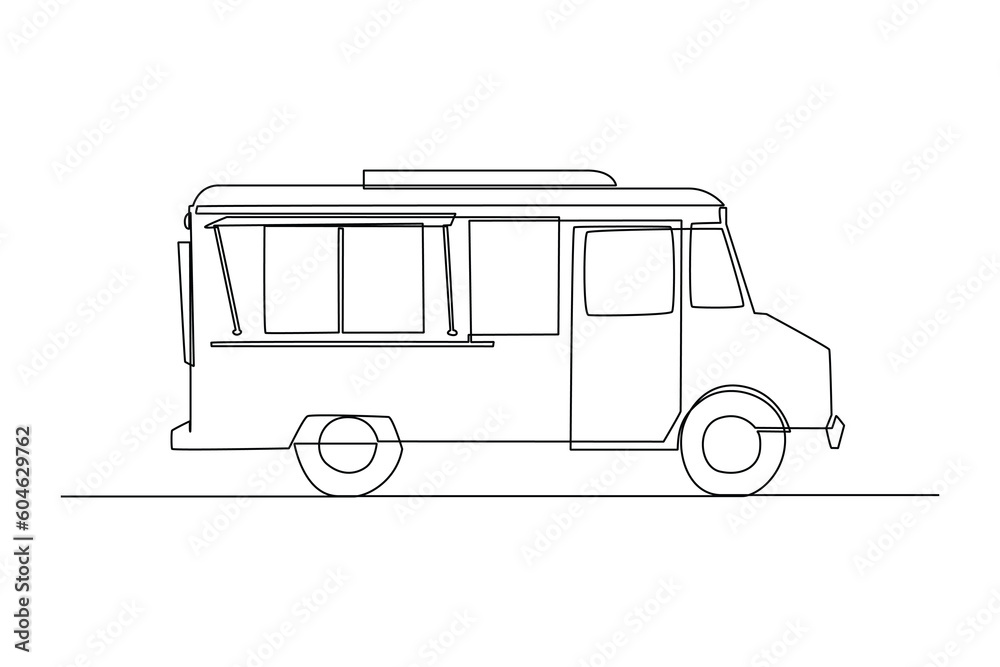Single one-line drawing food truck with closed windows. Food truck concept. Continuous line drawing illustration.
