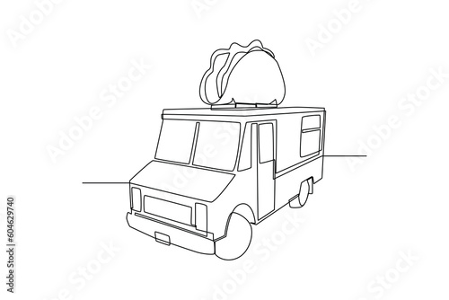 Single one-line drawing a food truck with a burger on it. Food truck concept. Continuous line drawing illustration.