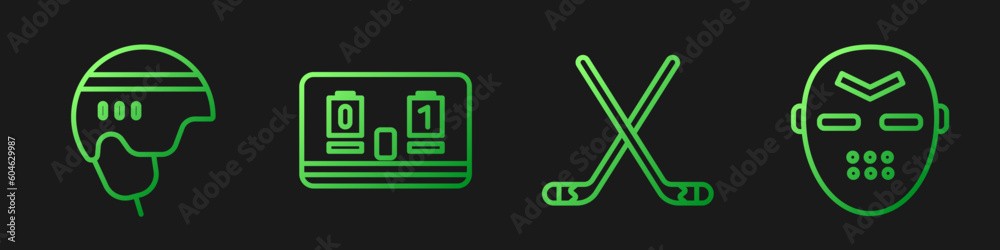 Set line Ice hockey sticks, Hockey helmet, Hockey mechanical scoreboard and Hockey mask. Gradient color icons. Vector Set line Ice hockey sticks, Hockey helmet, Hockey mechanical scoreboard and Hockey mask. Gradient color icons. Vector