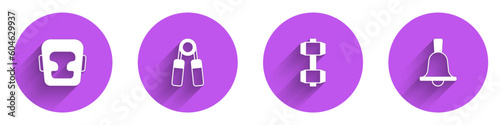 Set Boxing helmet, Sport expander, Dumbbell and icon with long shadow. Vector
