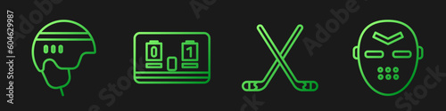 Set line Ice hockey sticks, Hockey helmet, Hockey mechanical scoreboard and Hockey mask. Gradient color icons. Vector