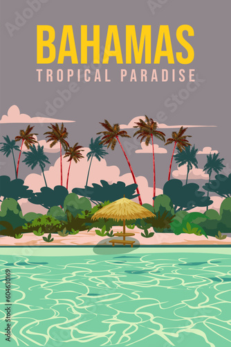 Travel poster Bahamas vintage. Paradise resort photo